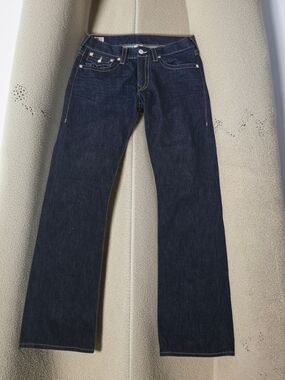 True Religion Men's Dark Indigo Bootcut Jeans Size 33 "One Missing Button"